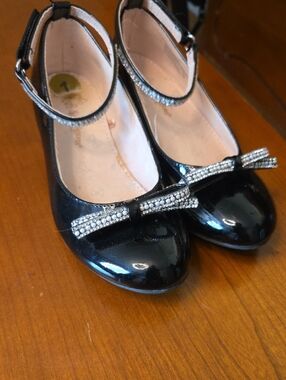 Self Esteem Black Patent Mary Jane Flats with Rhinestone Bow